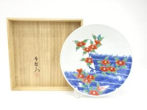 今泉今右衛門造　色鍋島　柴垣椿絵　額皿